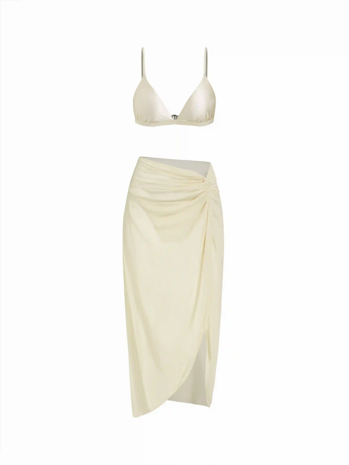 V-neck Solid Triangle Bikini Set With Sarong