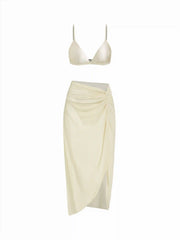 V-neck Solid Triangle Bikini Set With Sarong