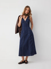 Stretch Denim V-Neck Flared Maxi Dress