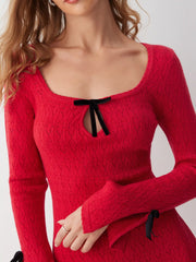 Knit Square Neck Bell Sleeve Bowknot Mini Dress