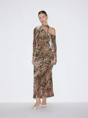 Floral High Rise Ruched Mermaid Maxi Skirt