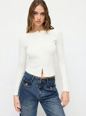 Boat Neck Button Long Sleeve Top