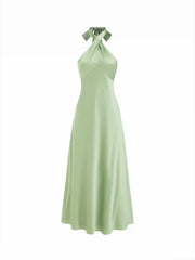 Satin Halter Neck Twist Knotted A-line Maxi Dress