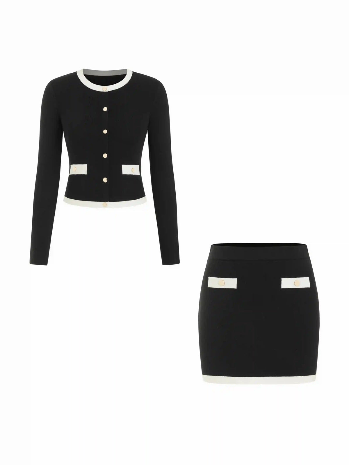 Knit Contrasting Trim Button Front Cardigan & Low Rise Bodycon Skirt Set