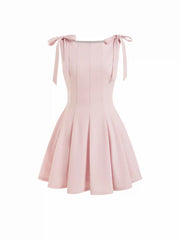 Bowknot Boat Neck Sleeveless Pleated Flared Mini Dress