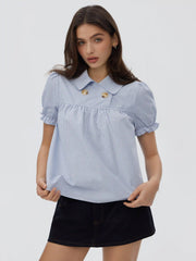 Cotton-blend Plaid Puff Sleeve Oversized Blouse