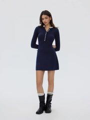 Knit Round Neck Lace Trim Button Front A-line Mini Dress