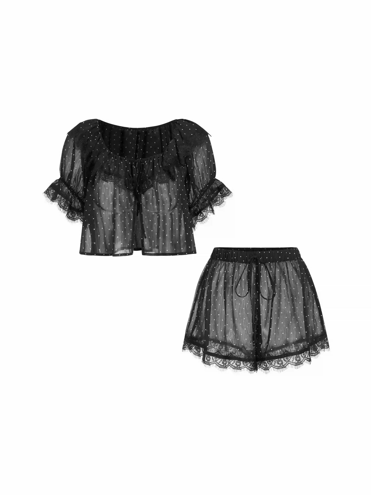 Chiffon Polka Dot Lace Trim Ruffled Crop Top & Shorts Loungewear Set