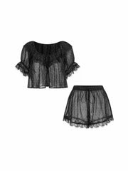 Chiffon Polka Dot Lace Trim Ruffled Crop Top & Shorts Loungewear Set