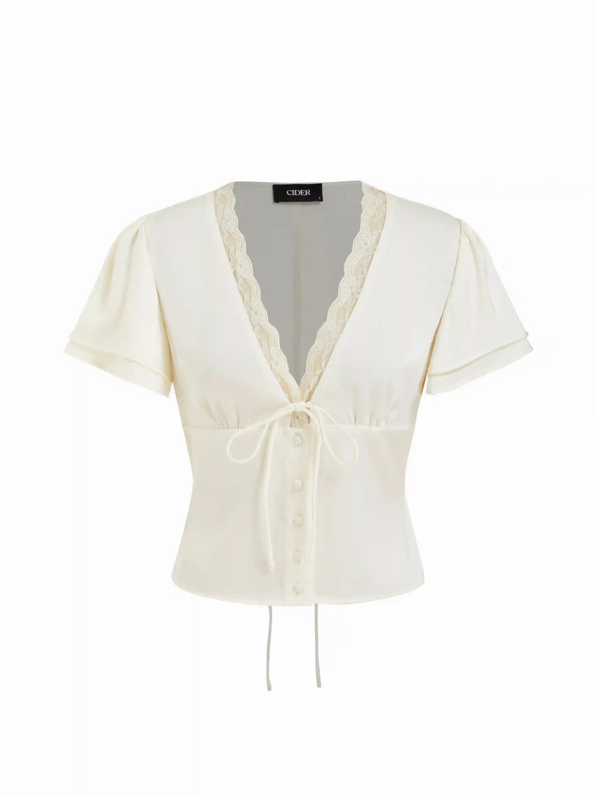 Lace Trim V-Neck Drawstring Short Sleeve Blouse