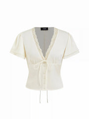 Lace Trim V-Neck Drawstring Short Sleeve Blouse