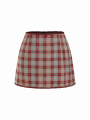 Cotton Plaid Blouse & Lace Trim Bowknot Mini Skirt Set Curve & Plus
