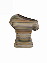 Striped Asymmetrical Neck Short Sleeve Top