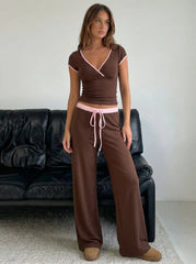 Cotton-blend V-neck Two Tone Top & Mid Rise Drawstring Straight Leg Trousers Set
