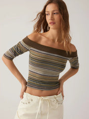 Striped Off-shoulder Mid-length Sleeve Top