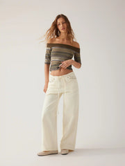 Striped Off-shoulder Mid-length Sleeve Top
