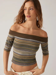 Striped Off-shoulder Mid-length Sleeve Top