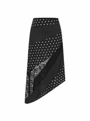 Satin Low Rise Polka Dot Lace Panel Asymmetrical Flared Midi Skirt