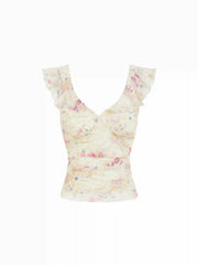 Chiffon Floral V-Neck Ruffle Sleeve Blouse