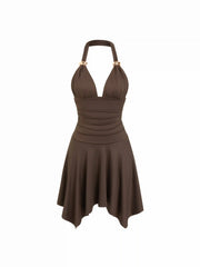 High Stretch Halter Neckline Asymmetrical Flared Mini Dress