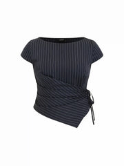 Striped Boat Neck Wrap Top & Mid Rise Wide Leg Trousers Set Curve & Plus