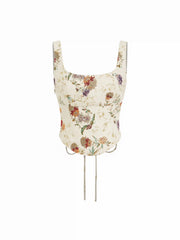 Scoop Neckline Floral Lace Up Crop Tank Top
