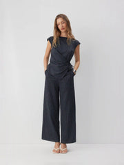 Collarless Striped Asymmetrical Hem Knotted Jumpsuit