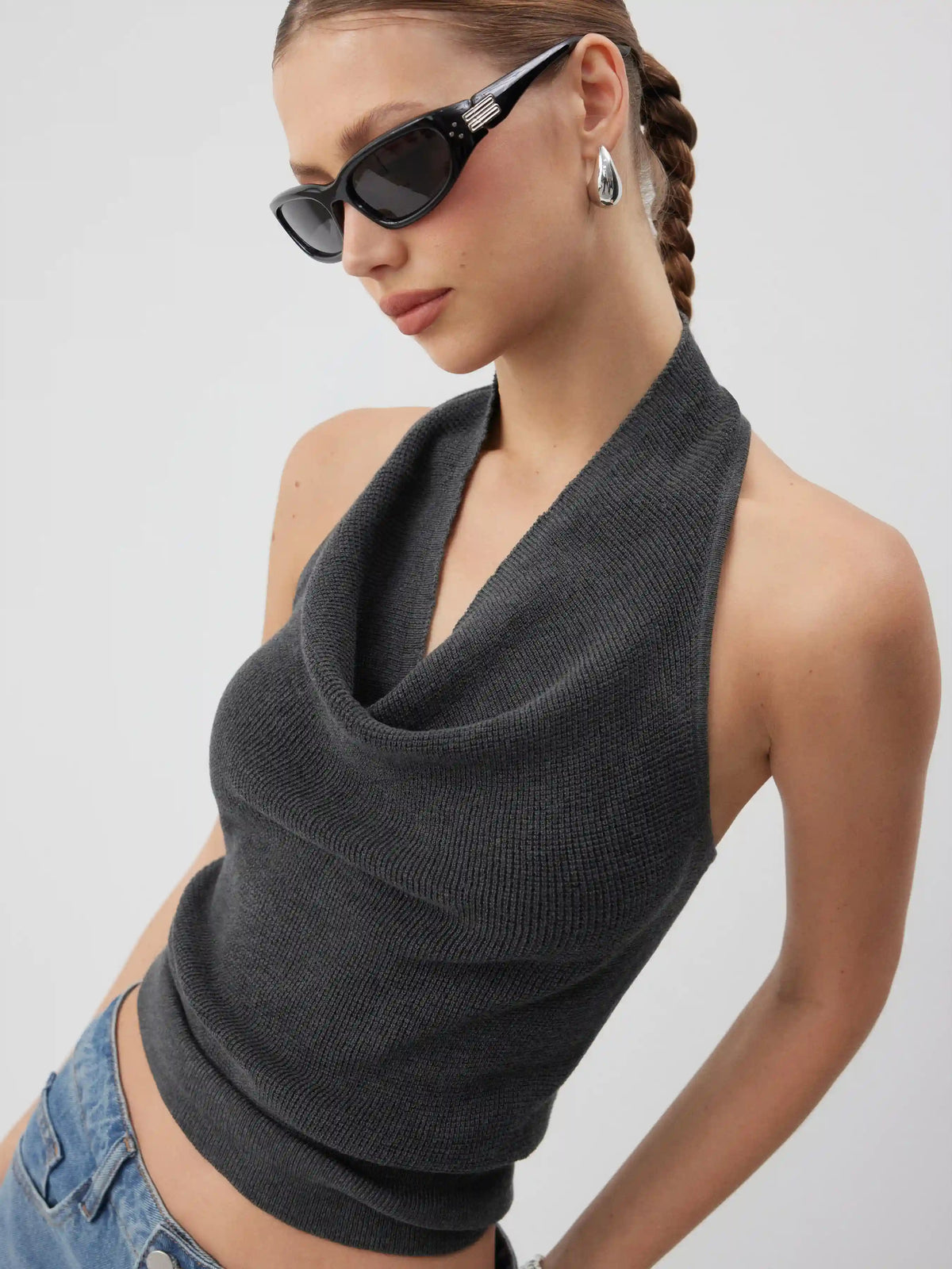 Knit Cowl Neck Backless Crop Top With Braided Detail