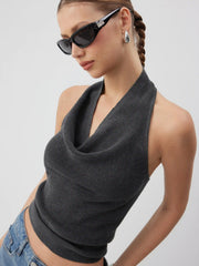 Knit Cowl Neck Backless Crop Top With Braided Detail