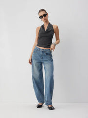 Knit Cowl Neck Backless Crop Top With Braided Detail