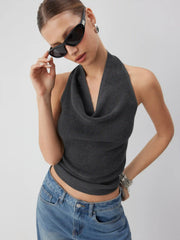 Knit Cowl Neck Backless Crop Top With Braided Detail