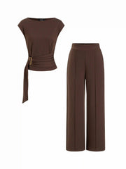 Boat Neck Metal Detail Belted Ruched Top & Mid Rise Straight Leg Trousers Set