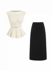 Cotton Cinched Waist Top With Metal Button & Mid Rise Midi Skirt Set