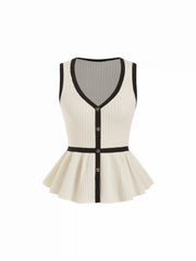 Knit V-Neck Ruffle Hem Metal Detail Top