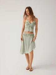 Chiffon Low Rise Floral Embroidery Asymmetrical Midi Skirt