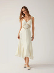 V-neck Lace Panel A-line Cami Midi Dress