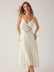 V-neck Lace Panel A-line Cami Midi Dress