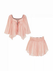 Square Neckline Lace Trim Drawstring Top & Shorts Loungewear Set