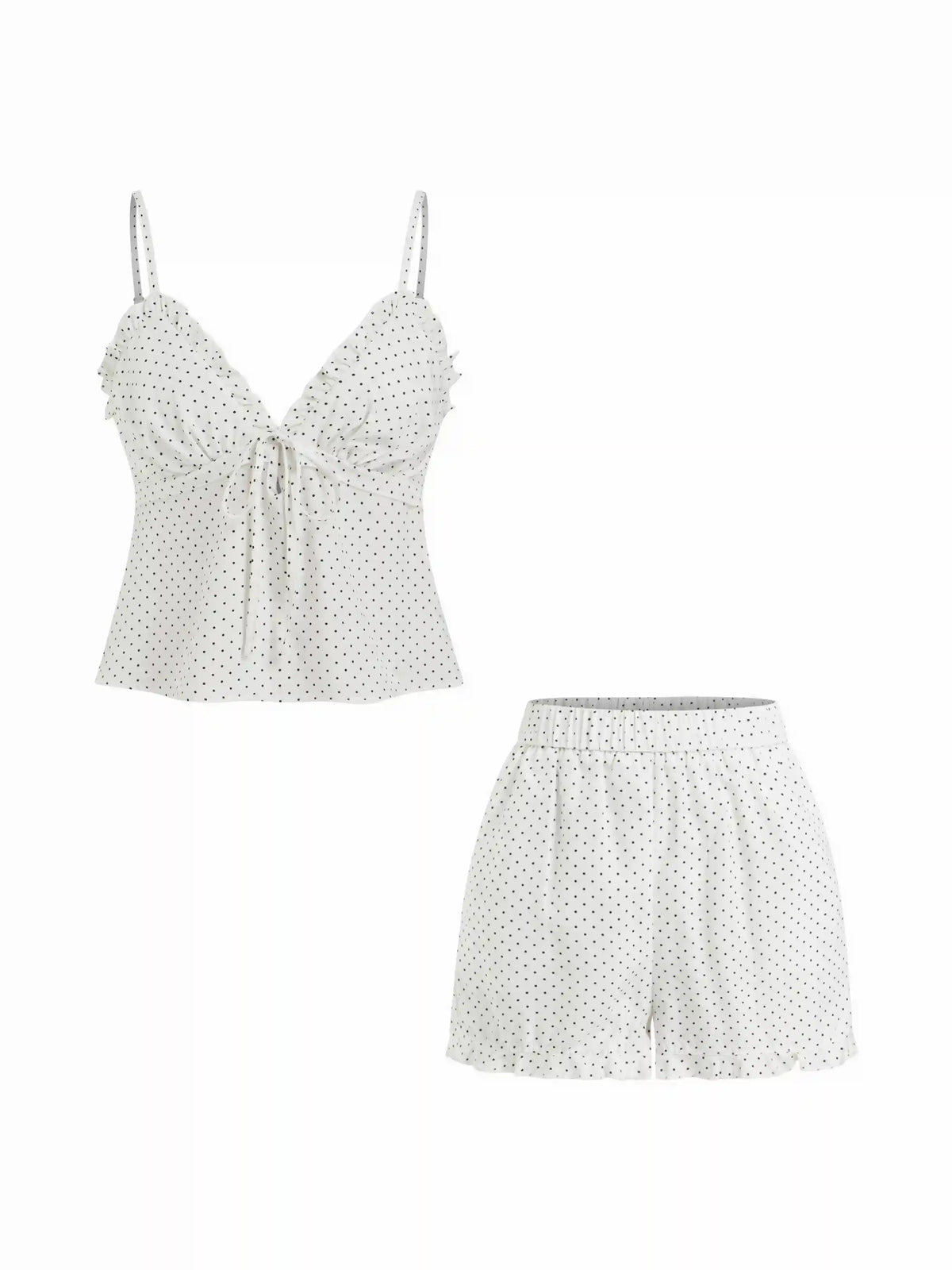 V-neck Ruffled Knotted Cami Top & Mid Rise Polka Dot Shorts Loungewear Set