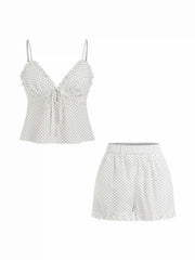 V-neck Ruffled Knotted Cami Top & Mid Rise Polka Dot Shorts Loungewear Set