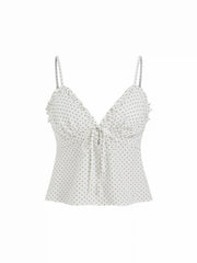 V-neck Ruffled Knotted Cami Top & Mid Rise Polka Dot Shorts Loungewear Set