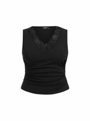 Cotton-blend V-neck Ruched Lace Trim Tank Top Curve & Plus