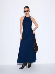 Stretch Washed Denim Halter Neck A-line Maxi Dress
