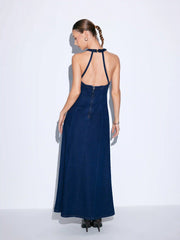 Stretch Washed Denim Halter Neck A-line Maxi Dress