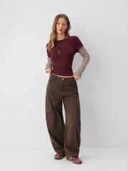 Cotton-blend Mid Rise Pocket Barrel-leg Trousers