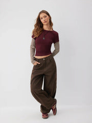 Cotton-blend Mid Rise Pocket Barrel-leg Trousers