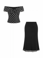 Mesh Polka Dot Off-shoulder Ruffled Top & Mid Rise Mermaid Maxi Skirt Set Curve & Plus
