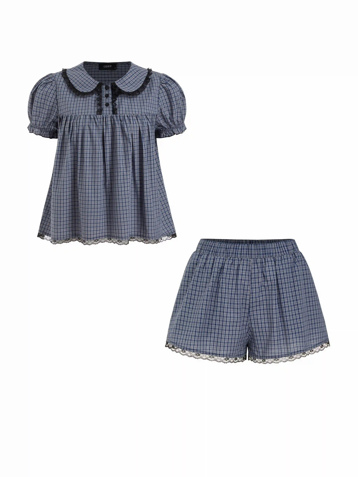 Cotton-blend Gingham Peter Pan Collar Oversized Top & Mid Rise Lace Trim Straight Leg Shorts Set