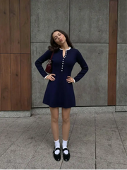 Knit Round Neck Lace Trim Button Front A-line Mini Dress