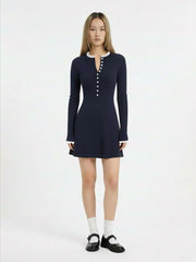 Knit Round Neck Lace Trim Button Front A-line Mini Dress